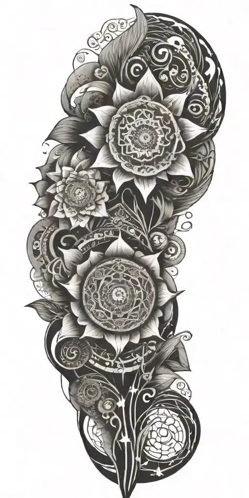 Blend Buddhist mandalas, fine-line wood grain, anime elements, and subtle gaming symbols into a cohesive, flowing design tattoo design idea