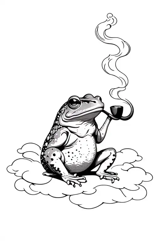 Blackwork tattoo of a toad sitting upright, legs crossed, smoking a pipe. Surrounded by smooth, spiraling smoke clouds tattoo design idea