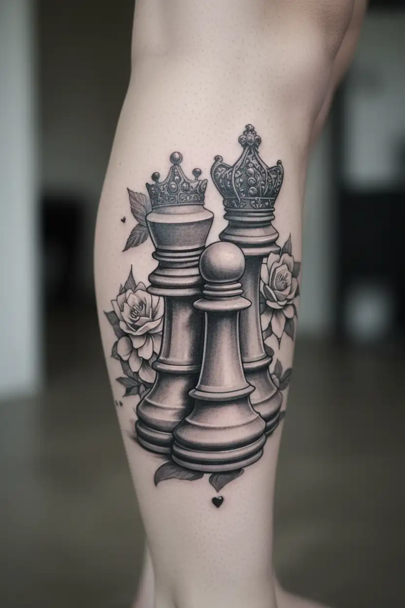 "A tattoo design featuring two chess pieces, the king and queen, symbolizing my parents' love for playing chess together tattoo design idea