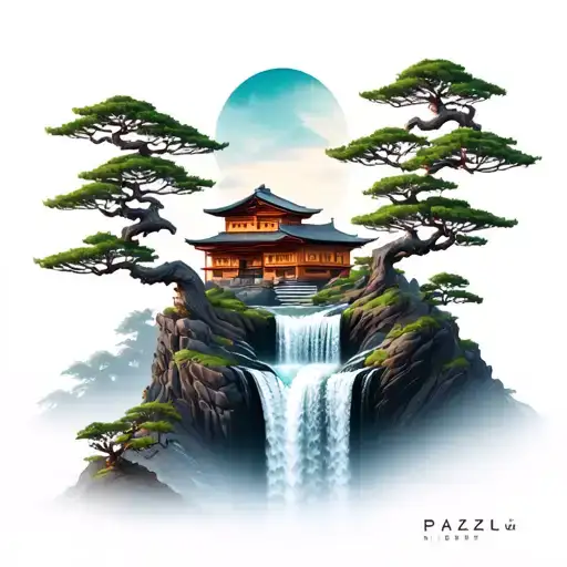 mount paozu with a japanese house on the top of the mountain, a large waterfall and many bonsai trees tattoo design idea