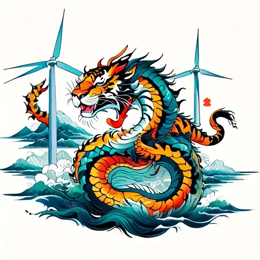 serpent dragon and tiger surrounded by wind turbines tattoo design idea