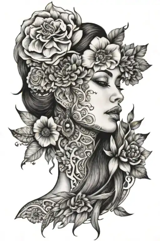 split face woman, mandella design, flowers, bohemian design tattoo design idea