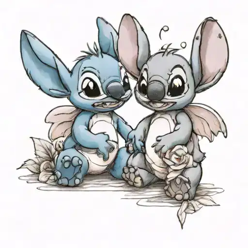 stitch and angel in love tattoo design idea