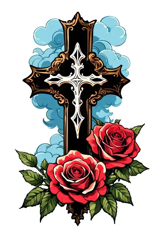 a backgrounds of clouds with a cross and roses in the front tattoo design idea