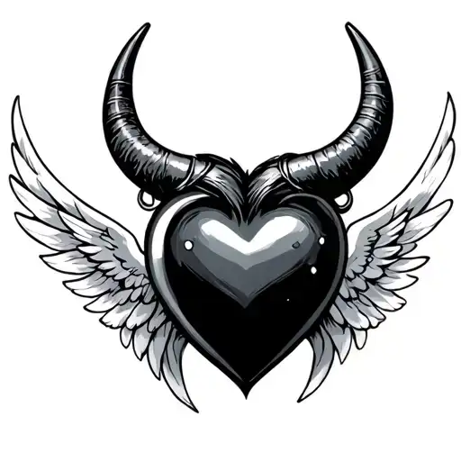 black heart with one angel wing one devil horns tattoo design idea