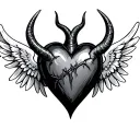 black heart with one angel wing one devil horns tattoo design idea