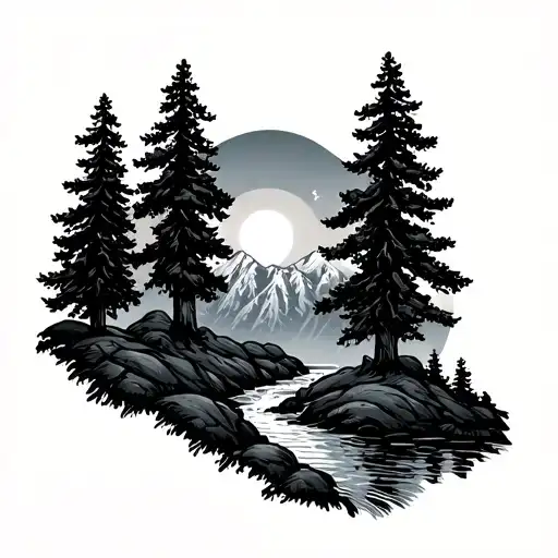 mountain sunrise pine trees and stream rising sun tattoo design idea