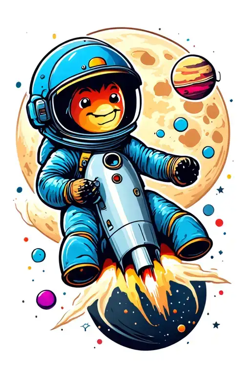 Cartoon worm in blue astronaut helmet riding a rocket past the moon, with stars and colorful planets. tattoo design idea