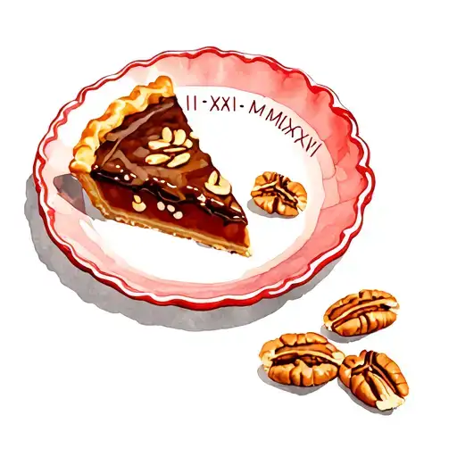 pecan pie slice on solid red pie plate with  III-XXII-MMXXV written on rim  tattoo design idea