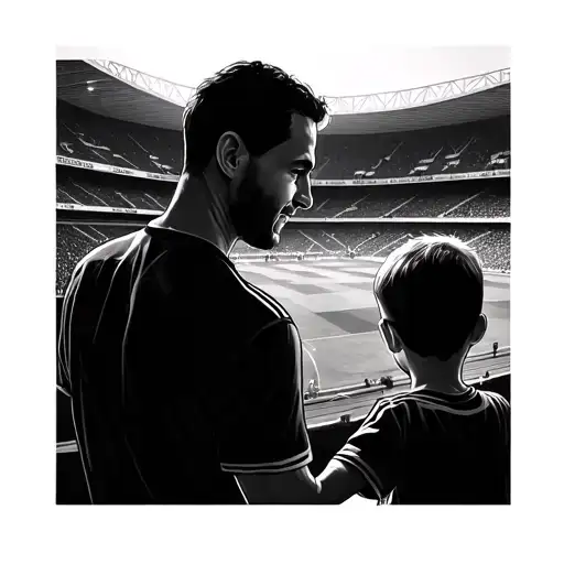 dad holding sons hand looking at Chelsea football stadium tattoo design idea