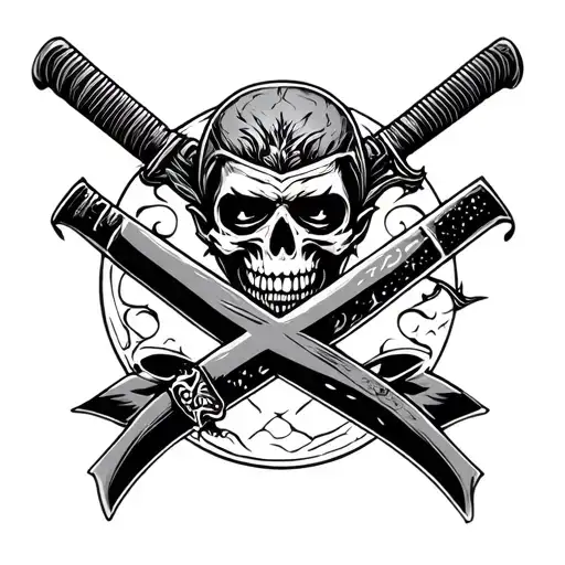Vicking head of death with a Japanese blade that crosses the head and a ribbon tattoo design idea