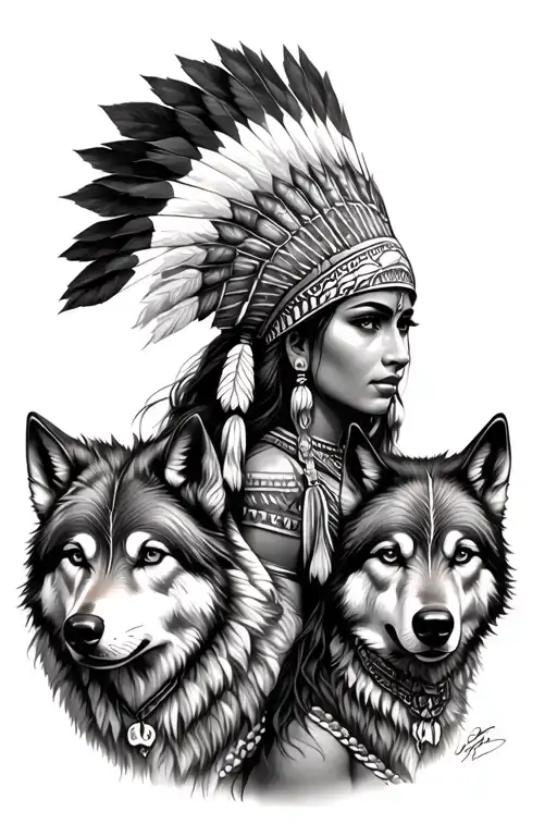 indian femal warrior with headdress with wolves  tattoo design idea