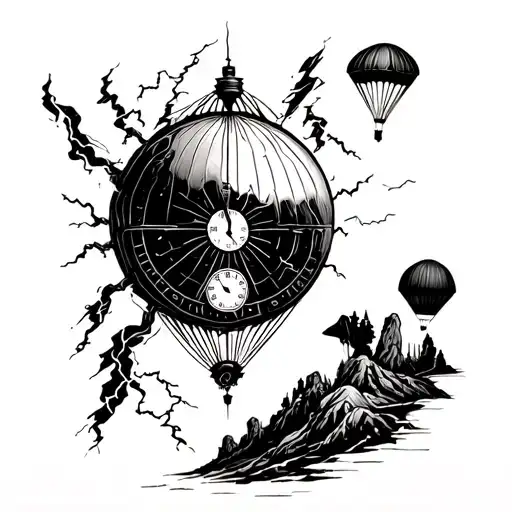 landscape, camera shutter, lightning, parachute, clock, clean details, high contrast tattoo design idea