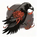 crow in a revenge meaning, the word with the devil king is in all black without his eyes remains red and life moral tattoo design idea