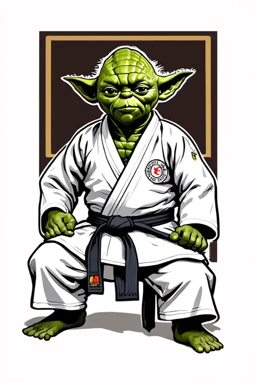 Master Yoda in a white BJJ gi amd black belt. tattoo design idea