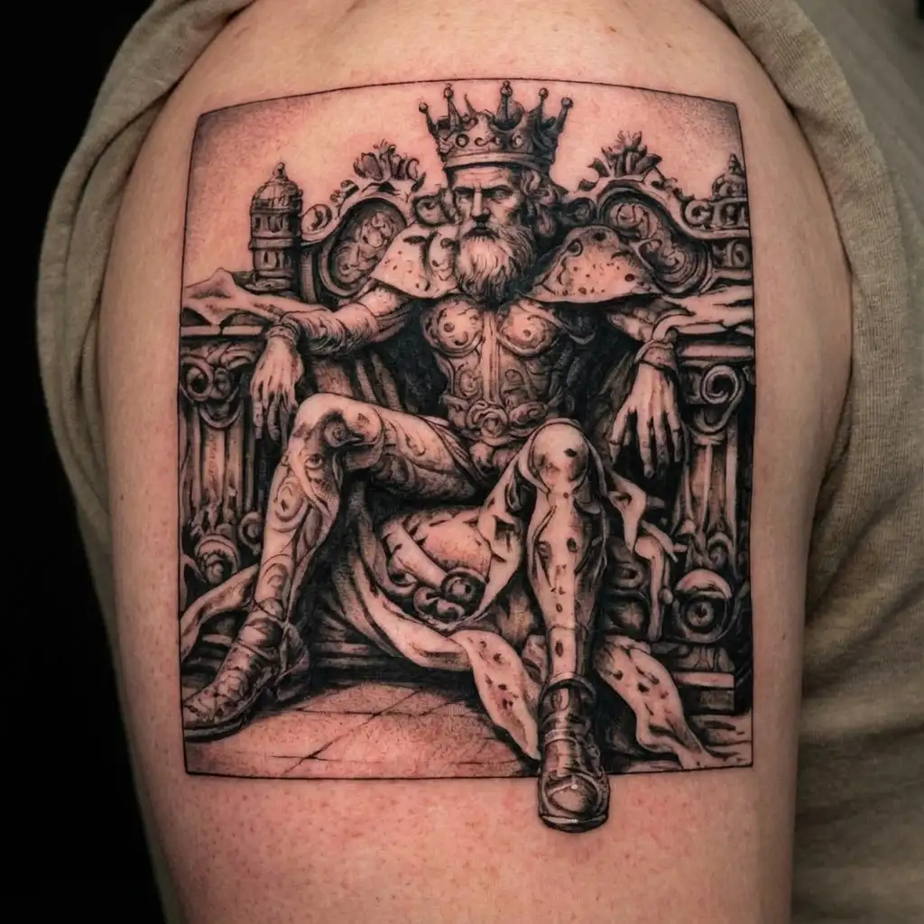 A queen sitting on a throne with a crown, while a man kneels at her feet in submission tattoo design idea