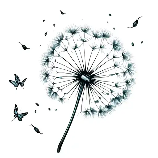 dandelion with seeds drifting away and young pixie hallow fairies within those seeds tattoo design idea