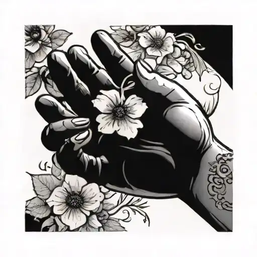 hand cupping soil and flowers coming tattoo design idea