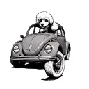 poodle driving vw bug minimalist tattoo design idea