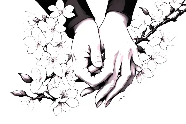 intertwined fingers and Japanese cherry blossoms tattoo design idea