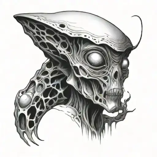 Make it include the text "i have never fit in" and a small image of an alien. Make it look complicated, hard to perceive tattoo design idea