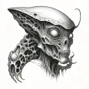 Make it include the text "i have never fit in" and a small image of an alien. Make it look complicated, hard to perceive tattoo design idea