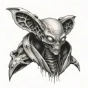 Make it include the text "i have never fit in" and a small image of an alien. Make it look complicated, hard to perceive tattoo design idea