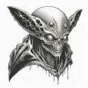 Make it include the text "i have never fit in" and a small image of an alien. Make it look complicated, hard to perceive tattoo design idea