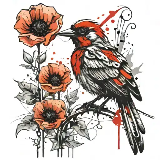 skeleton bird with poppy tattoo design idea