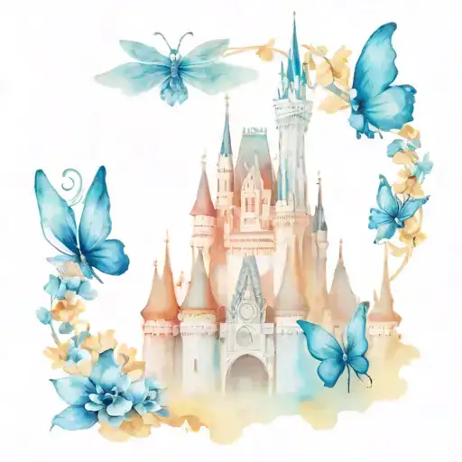Walt Disney world castle, Mickey and Walt statue, 2 blue butterflies, colorful tattoo design idea