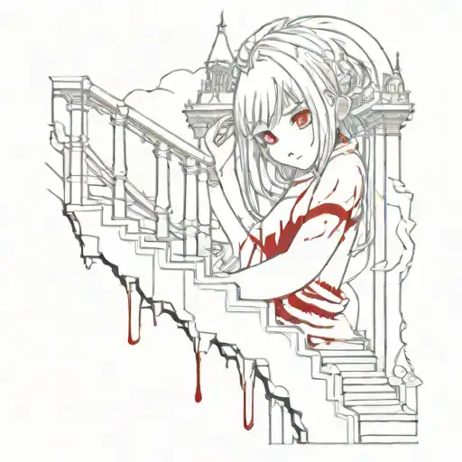 haotic gothic big castle hell curved distorted  anime girl with blood and made with  roots and eoroghlips stair tattoo design idea