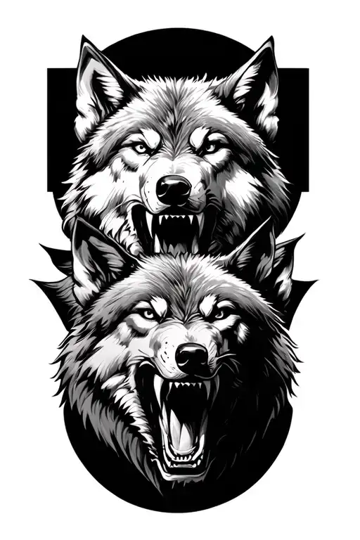 three growling snarling wolf heads tattoo design idea