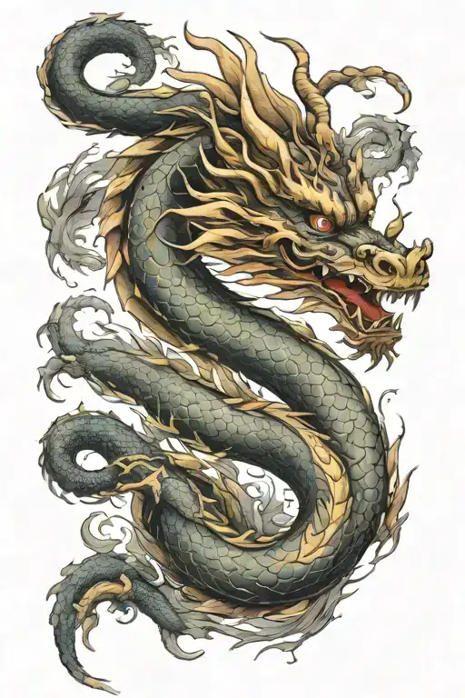 Chinese wood dragon wrapped around arm with single head placed on anterior shoulder with elements of strength, wisdom  tattoo design idea