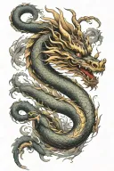 Chinese wood dragon wrapped around arm with single head placed on anterior shoulder with elements of strength, wisdom  tattoo design idea