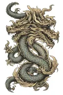 Chinese wood dragon wrapped around arm with single head placed on anterior shoulder with elements of strength, wisdom  tattoo design idea