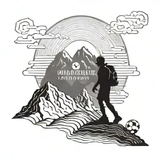 A silhouette of a hiker on a mountain peak with a football at their feet, incorporating the Manchester United logo tattoo design idea