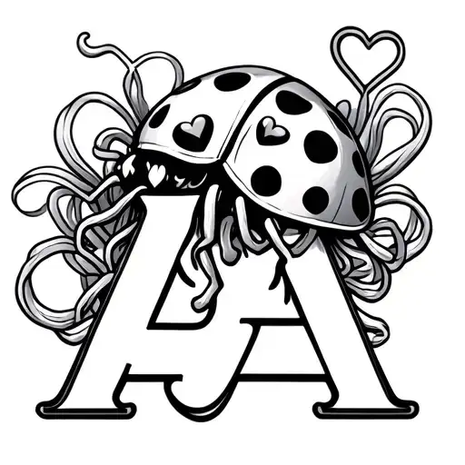 a lady bug with heart shaped spots, noodles and the letter a tattoo design idea