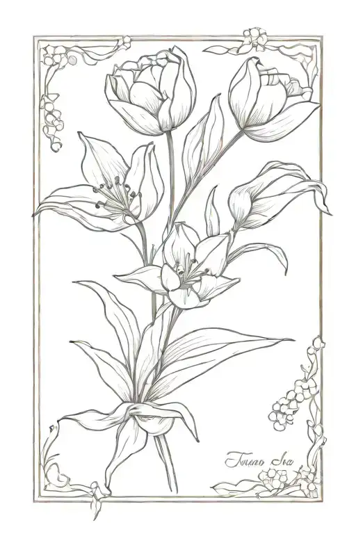 tulip and forget me not flower bouquet fine line tattoo design idea
