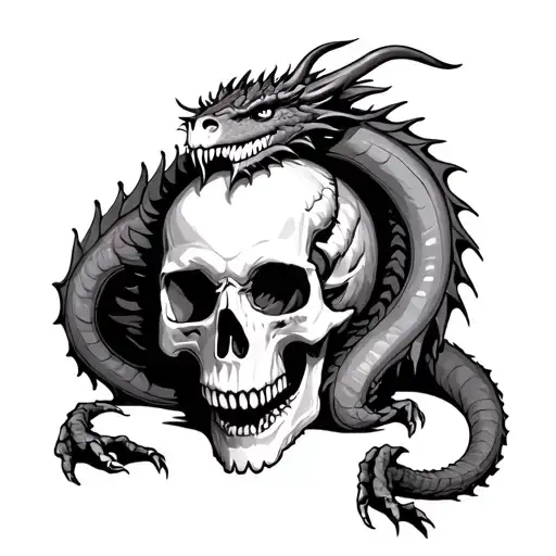 sleeping dragon curled around giant skull tattoo design idea