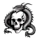 sleeping dragon curled around giant skull tattoo design idea
