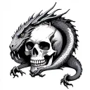 sleeping dragon curled around giant skull tattoo design idea