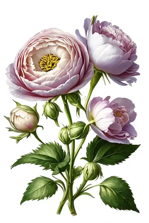 BEEDED EUCALPYTUS, RANUNCULUS AND LISIANTHUS tattoo design idea
