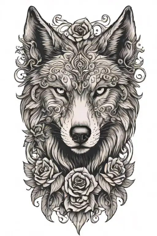 Wolf head with wings and roses tattoo design idea