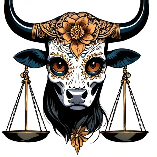 woman bull with sugar skull markings, brown eyes and two Libra scales and dark background tattoo design idea