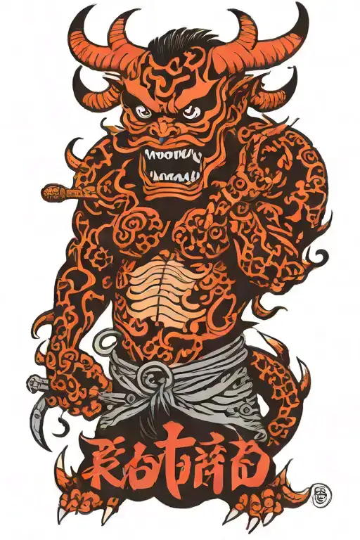 japanese devil and text 'rotondo' name incorporated tattoo design idea