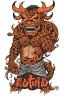 japanese devil and text 'rotondo' name incorporated tattoo design idea