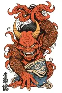 japanese devil and text 'rotondo' name incorporated tattoo design idea
