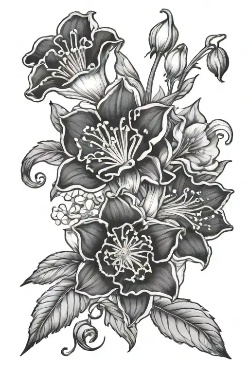 carnation daffodil lily of the valley and morning glory tattoo design idea
