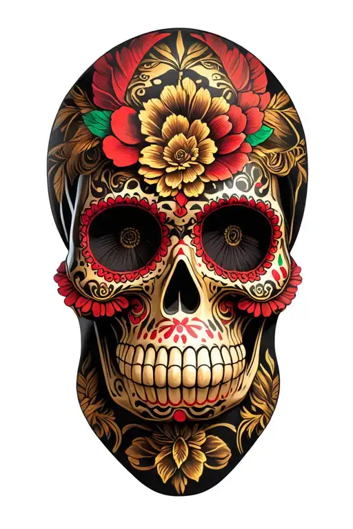 men's gold, red and black sugar skull with Mexican theme half sleeve tattoo design idea