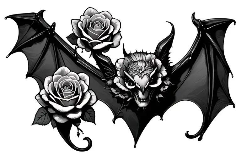 gothic bat surrounded with roses intertwined tattoo design idea